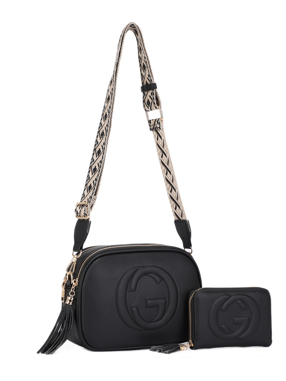 Alyssa Black Vegan Leather Crossbody Bag with Tassel and Matching Wallet